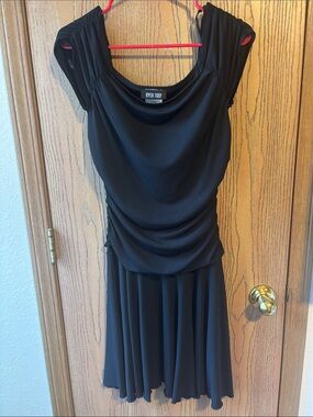 Byer Too! Black Draped Midi Dress with Cap Sleeves